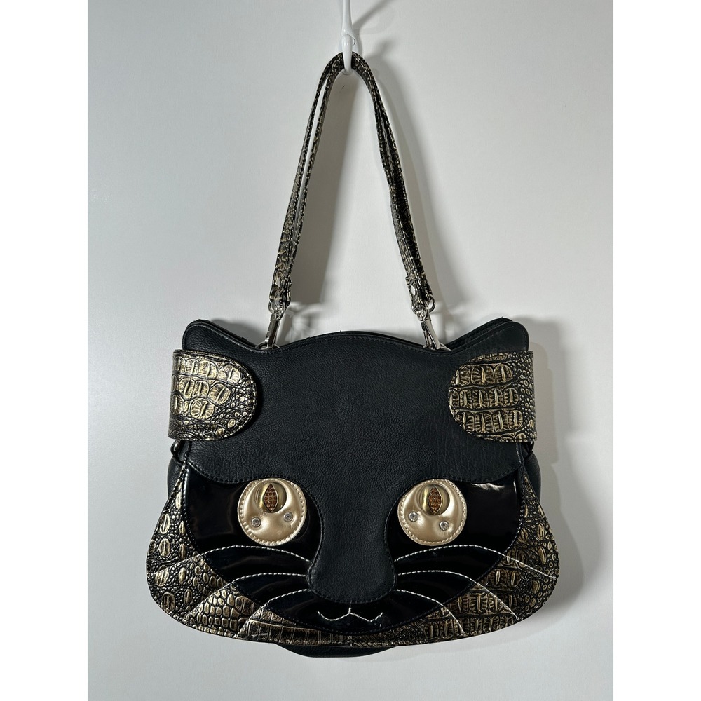 Vintage Black Gold Faux Croc Cat Face Novelty Shoulder Bag Rhinestone Kitsch
